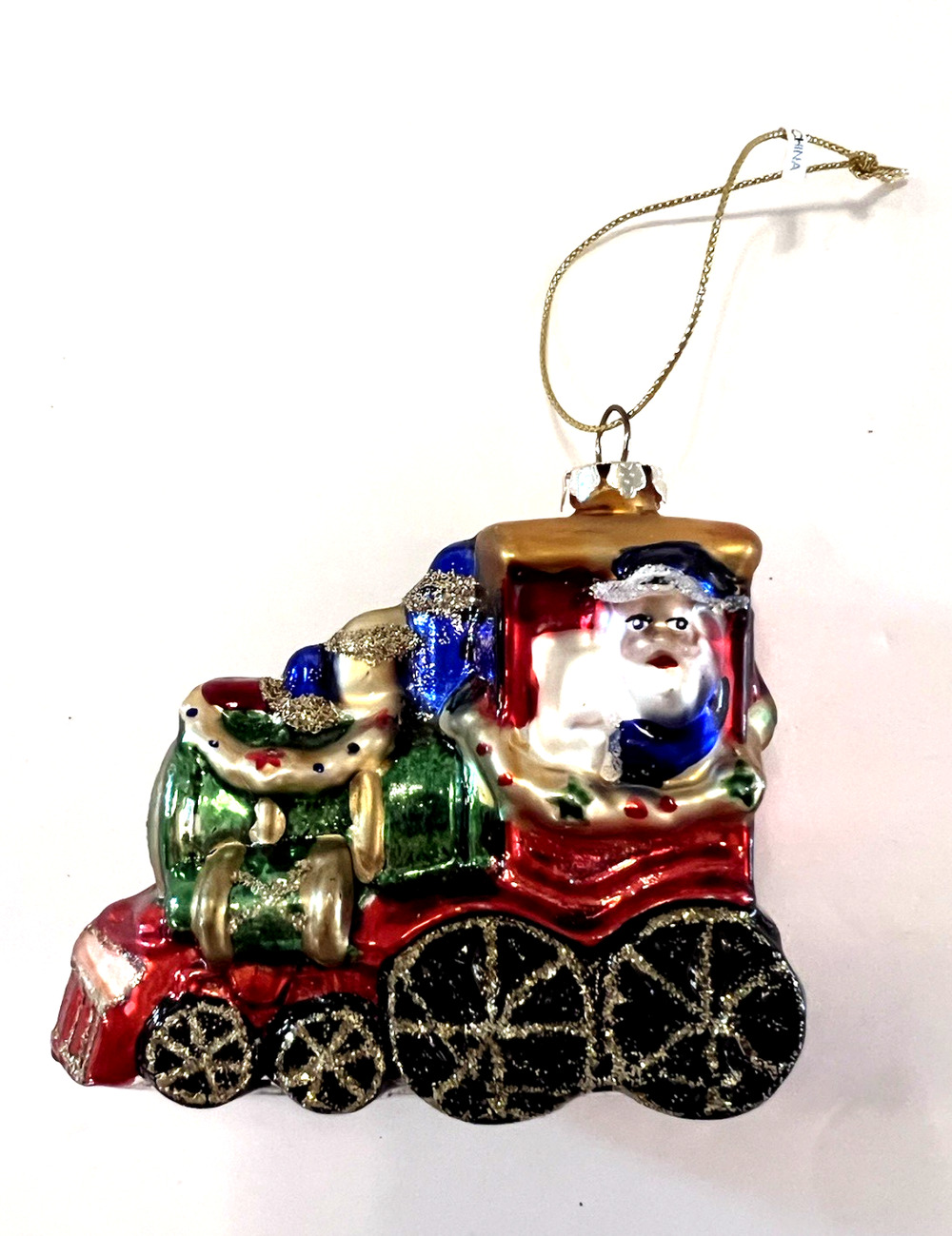 Vintage Santa on a Train Colorful Glitter Whimsical Hand Crafted Glass Ornament